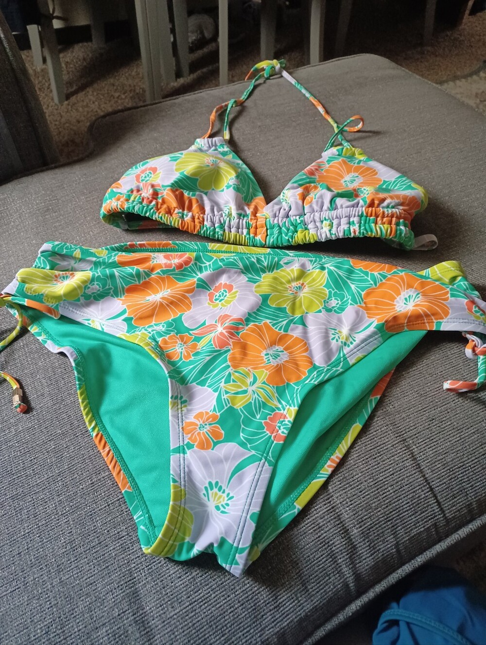 Floral Triangle Bikini Set - Green & Orange